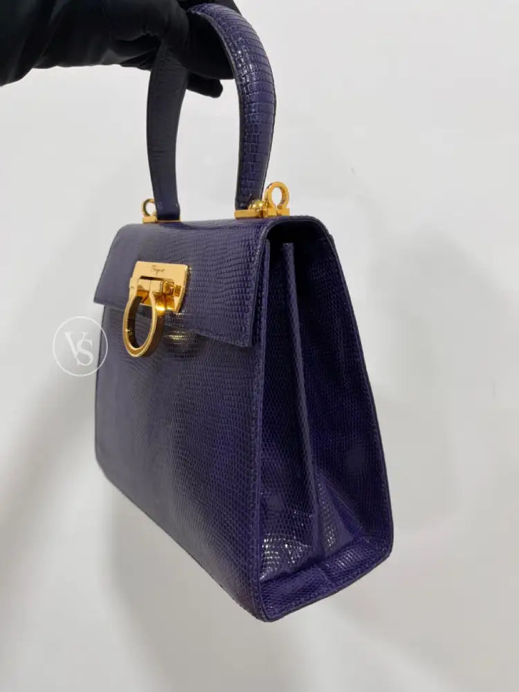 Ferragamo Purple Violet Lizard Leather Gancini Kelly Two - Way Handle Shoulder Bag