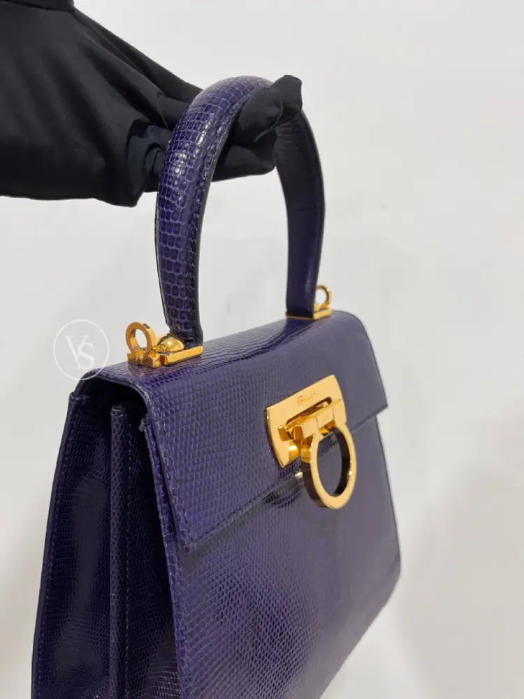 Ferragamo Purple Violet Lizard Leather Gancini Kelly Two - Way Handle Shoulder Bag