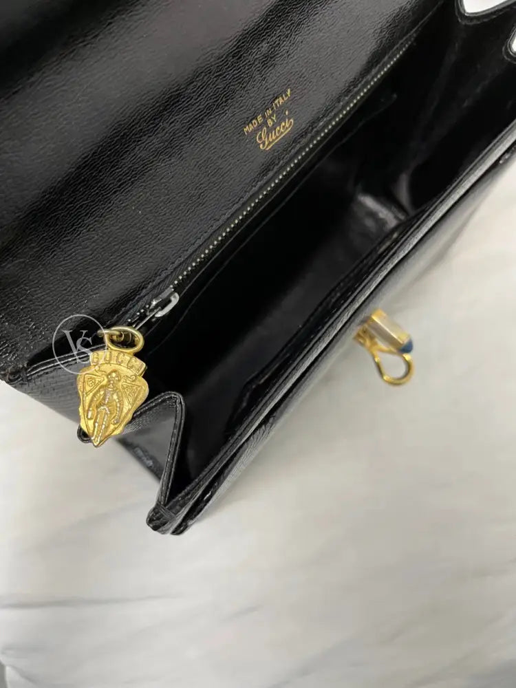 Gucci Black Lizard Shoulder Bag With Lapis Lazuli Stone And Bijoux Chain