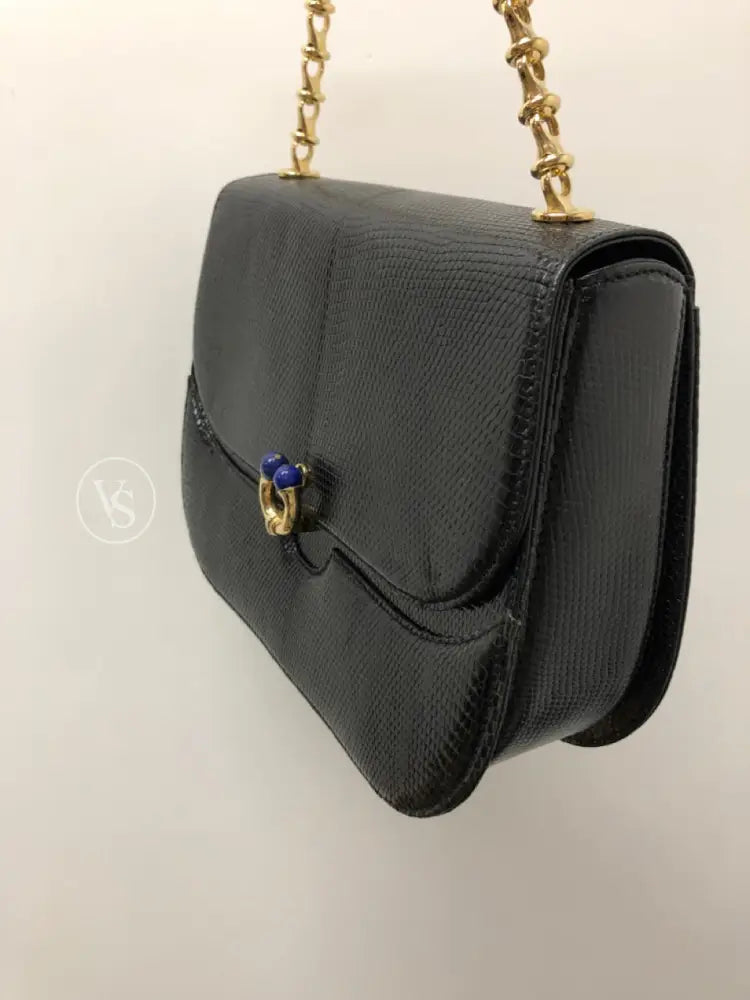 Gucci Black Lizard Shoulder Bag With Lapis Lazuli Stone And Bijoux Chain