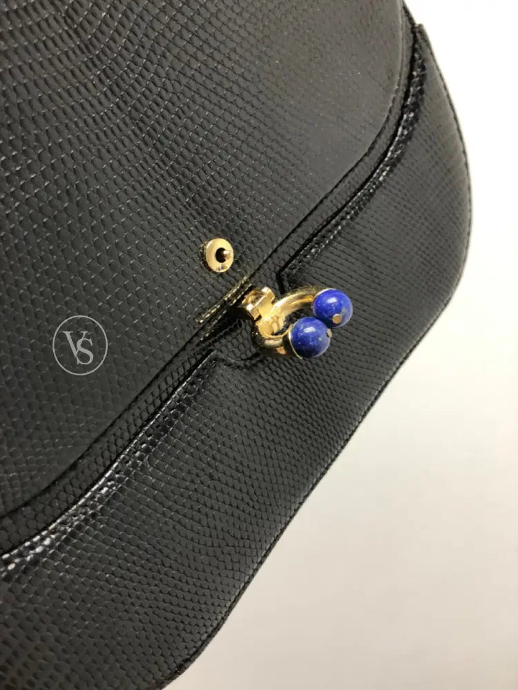 Gucci Black Lizard Shoulder Bag With Lapis Lazuli Stone And Bijoux Chain