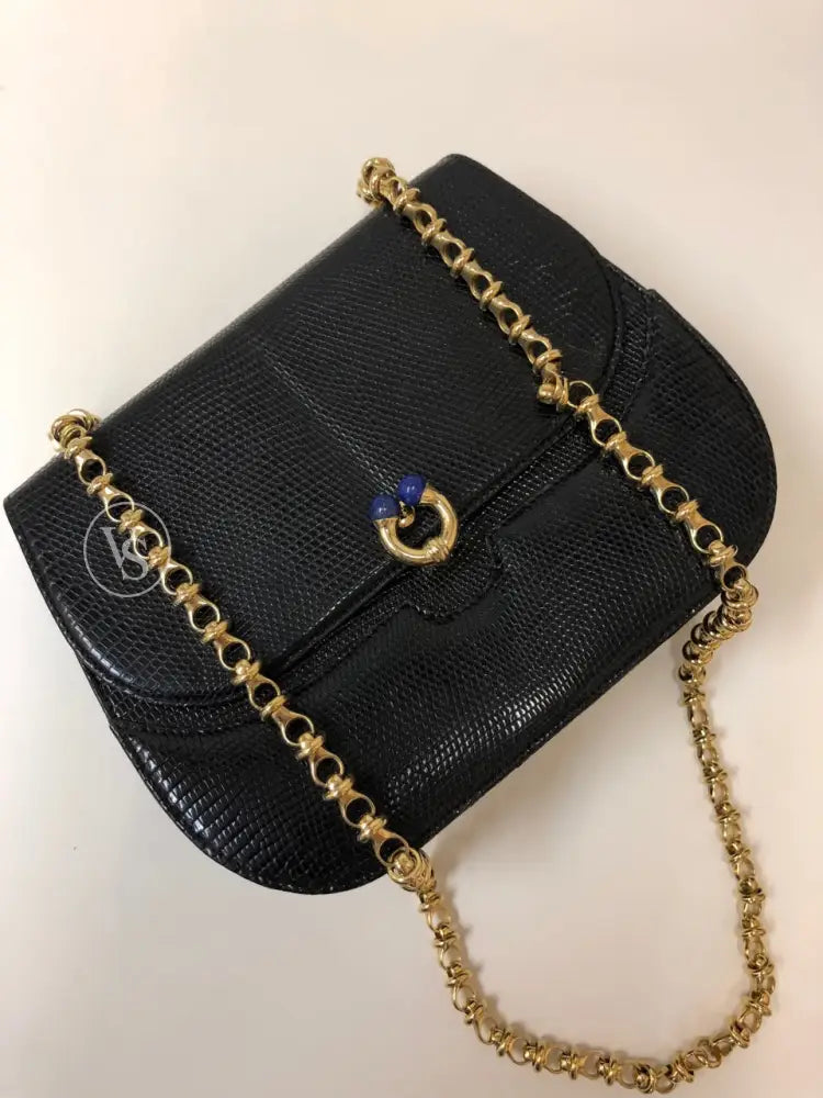 Gucci Black Lizard Shoulder Bag With Lapis Lazuli Stone And Bijoux Chain