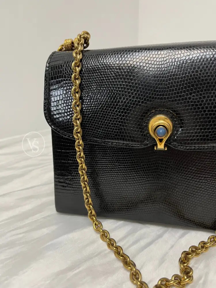 Gucci Black Lizard Shoulder Bag With Lapis Lazuli Stone And Bijoux Chain