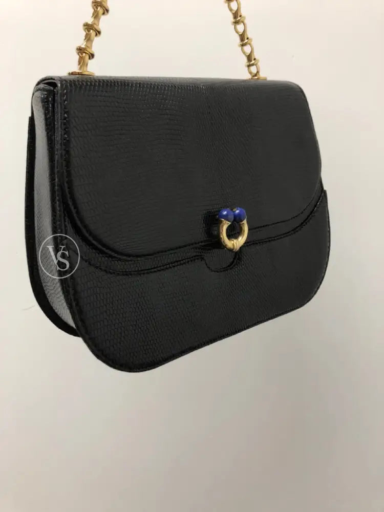 Gucci Black Lizard Shoulder Bag With Lapis Lazuli Stone And Bijoux Chain