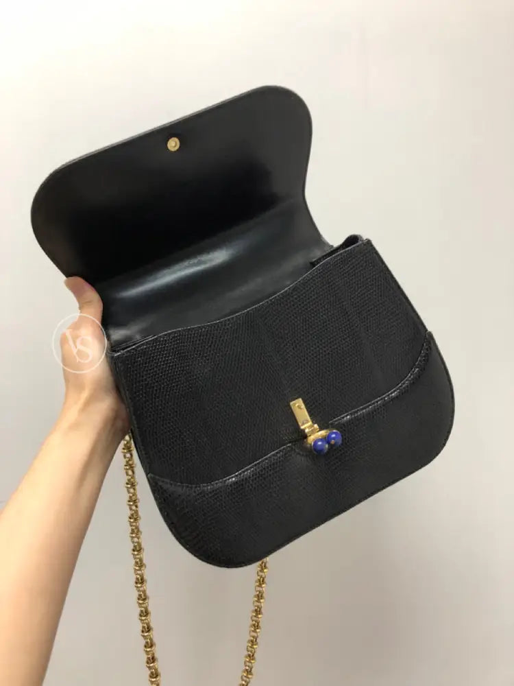 Gucci Black Lizard Shoulder Bag With Lapis Lazuli Stone And Bijoux Chain