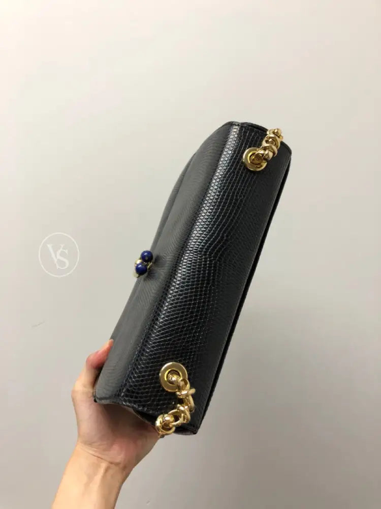 Gucci Black Lizard Shoulder Bag With Lapis Lazuli Stone And Bijoux Chain