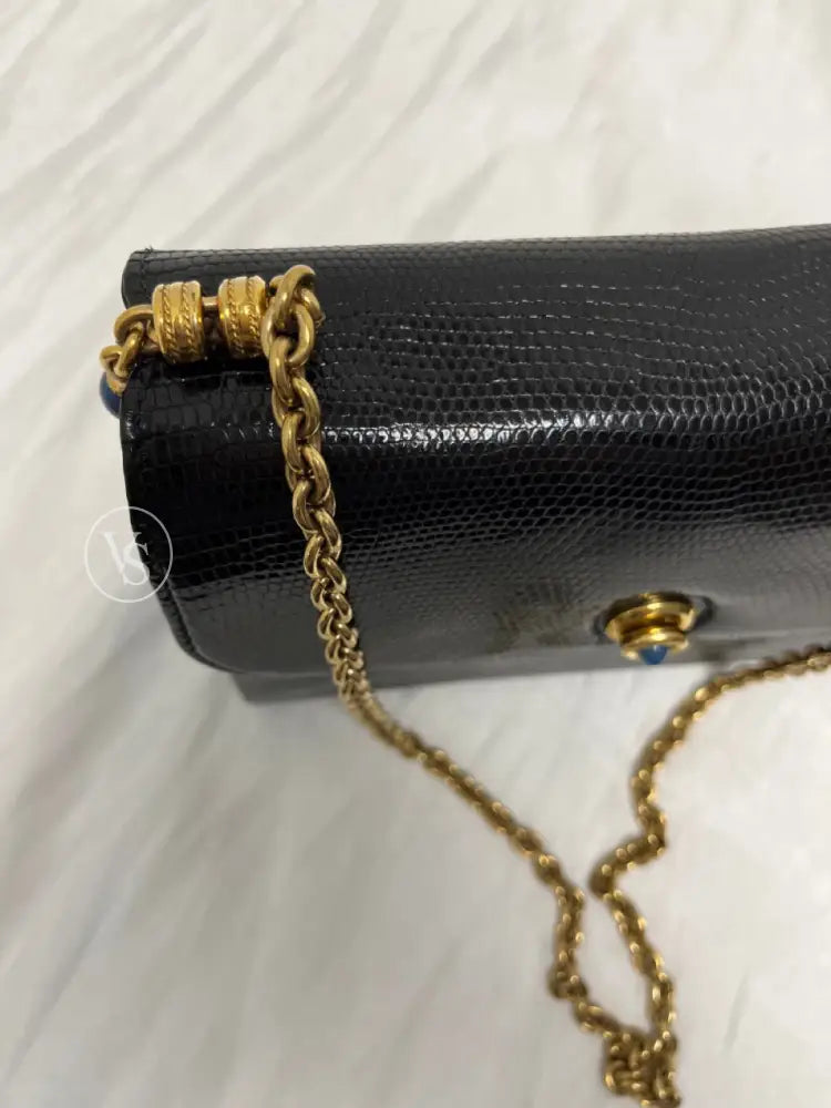 Gucci Black Lizard Shoulder Bag With Lapis Lazuli Stone And Bijoux Chain