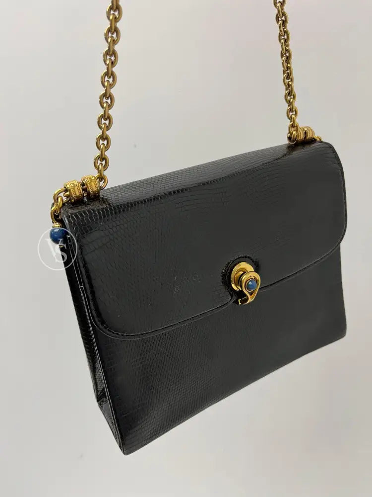 Gucci Black Lizard Shoulder Bag With Lapis Lazuli Stone And Bijoux Chain