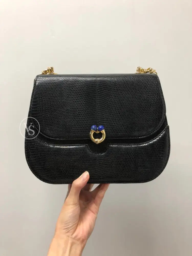 Gucci Black Lizard Shoulder Bag With Lapis Lazuli Stone And Bijoux Chain