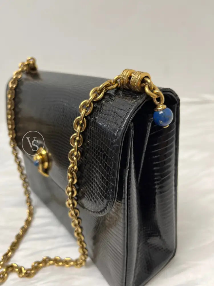 Gucci Black Lizard Shoulder Bag With Lapis Lazuli Stone And Bijoux Chain