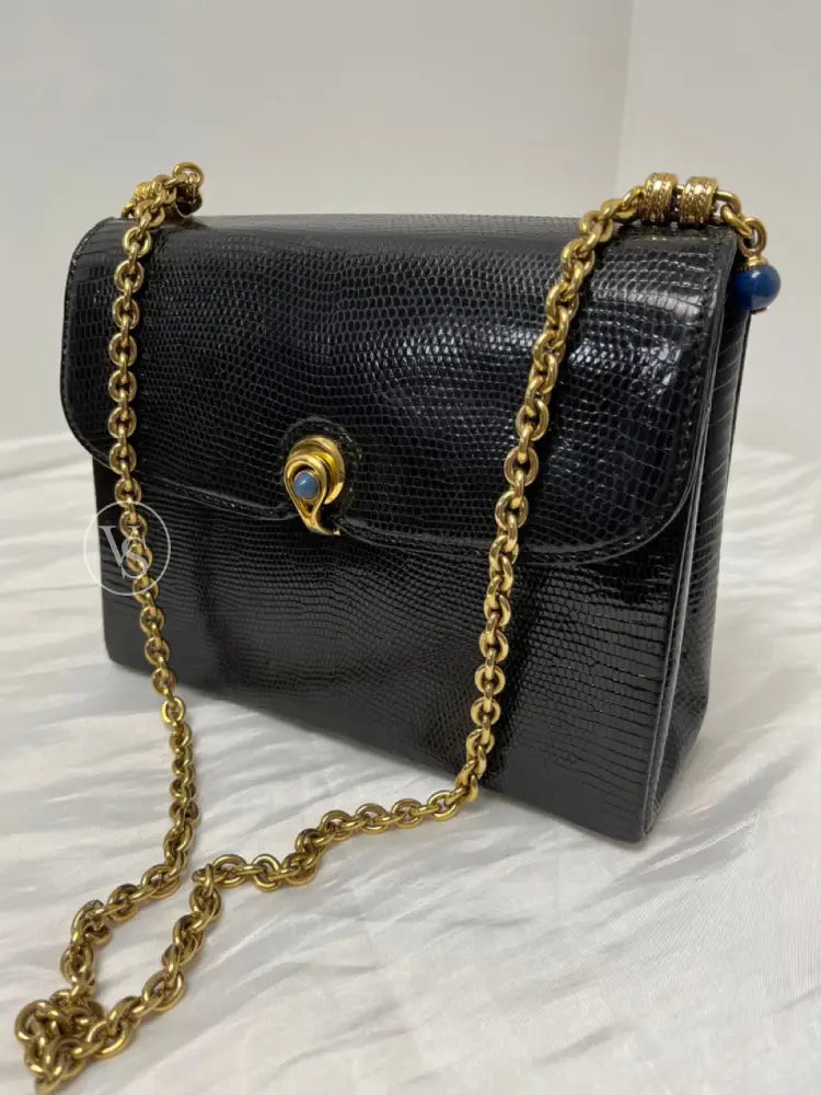 Gucci Black Lizard Shoulder Bag With Lapis Lazuli Stone And Bijoux Chain