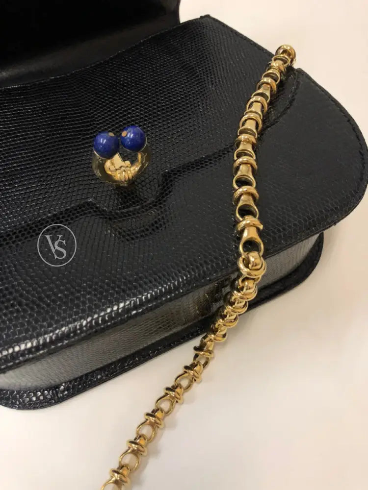 Gucci Black Lizard Shoulder Bag With Lapis Lazuli Stone And Bijoux Chain