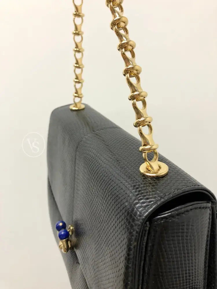 Gucci Black Lizard Shoulder Bag With Lapis Lazuli Stone And Bijoux Chain