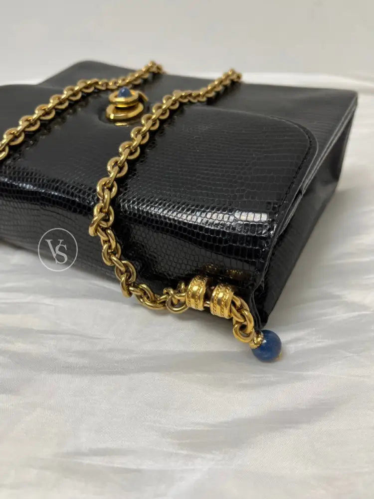 Gucci Black Lizard Shoulder Bag With Lapis Lazuli Stone And Bijoux Chain