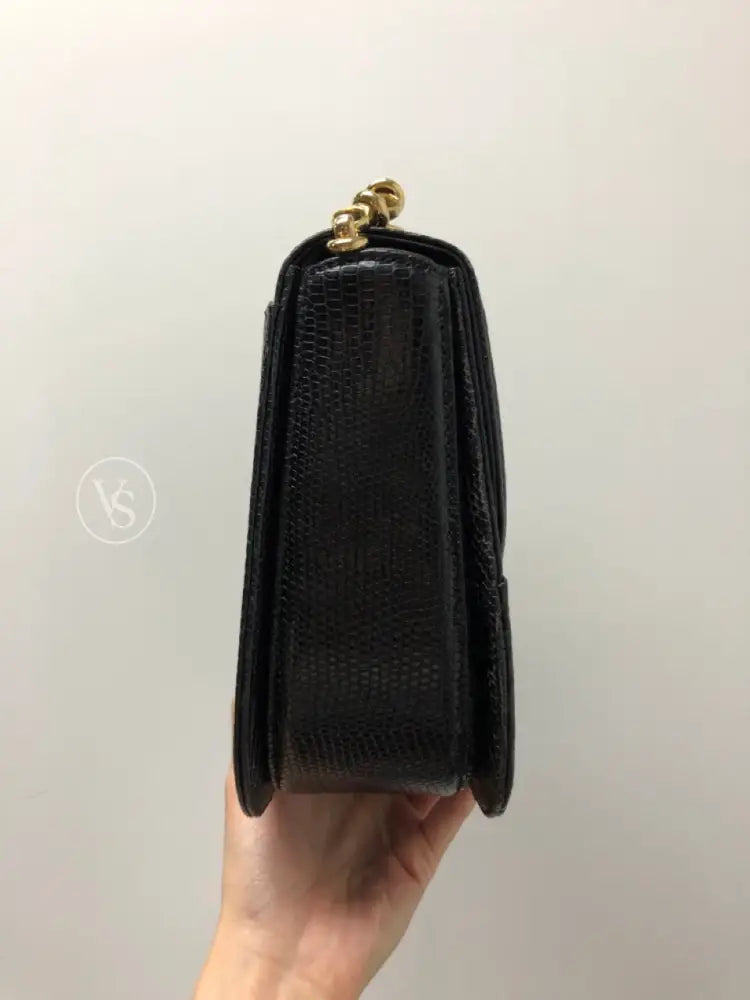 Gucci Black Lizard Shoulder Bag With Lapis Lazuli Stone And Bijoux Chain