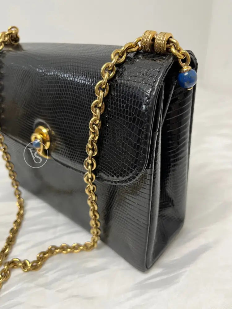 Gucci Black Lizard Shoulder Bag With Lapis Lazuli Stone And Bijoux Chain