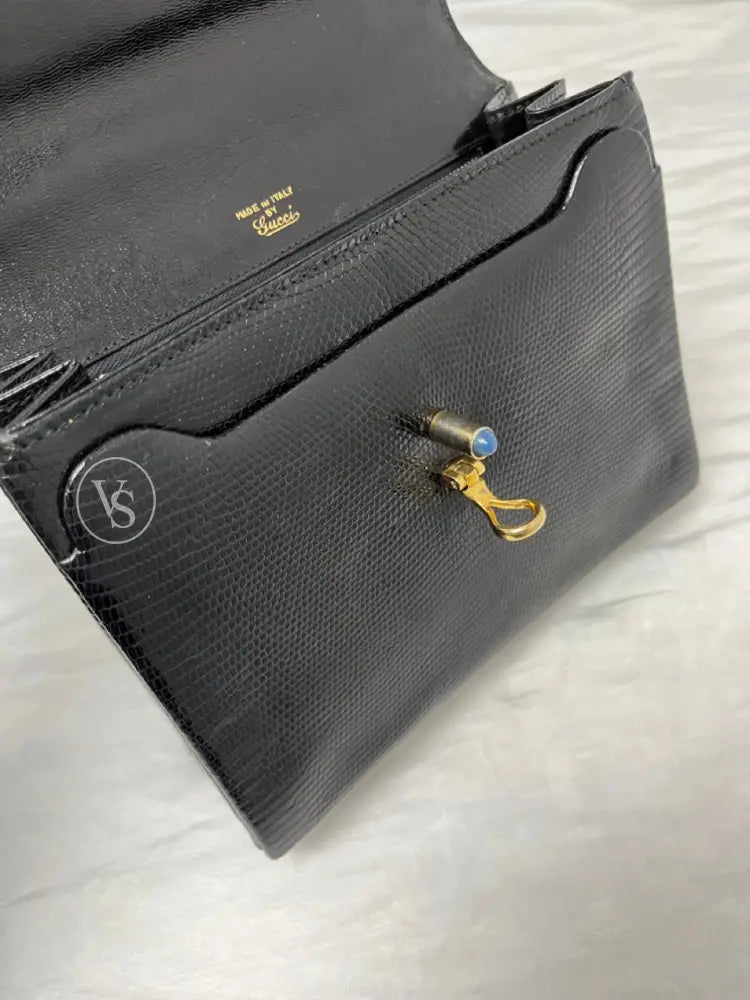 Gucci Black Lizard Shoulder Bag With Lapis Lazuli Stone And Bijoux Chain