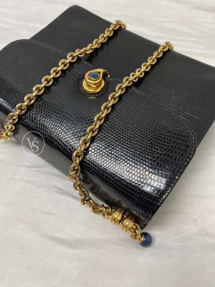 Gucci Black Lizard Shoulder Bag With Lapis Lazuli Stone And Bijoux Chain