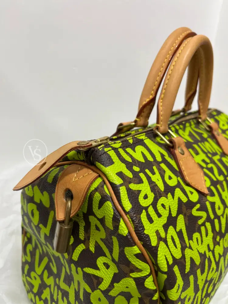 Louis Vuitton Stephen Sprouse Leon Green Canvas Monogram Graffiti Speedy 30 Boston Bag