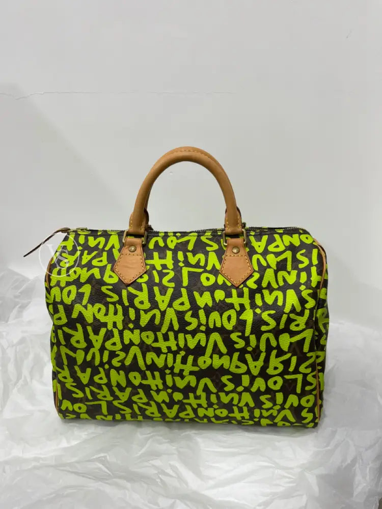 Louis Vuitton Stephen Sprouse Leon Green Canvas Monogram Graffiti Speedy 30 Boston Bag