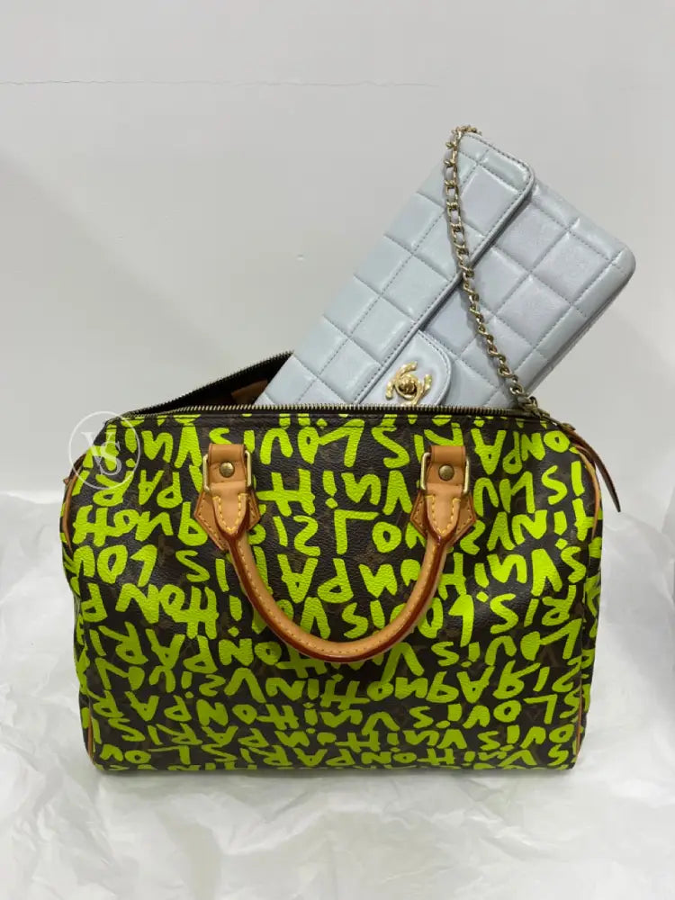 Louis Vuitton Stephen Sprouse Leon Green Canvas Monogram Graffiti Speedy 30 Boston Bag