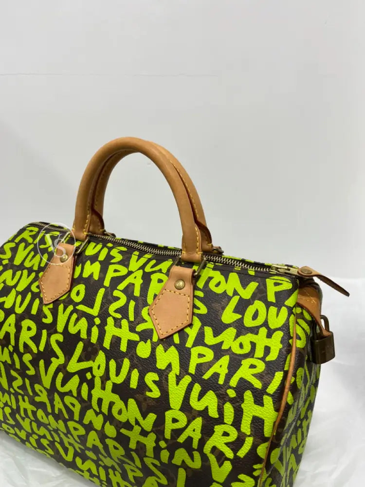 Louis Vuitton Stephen Sprouse Leon Green Canvas Monogram Graffiti Speedy 30 Boston Bag